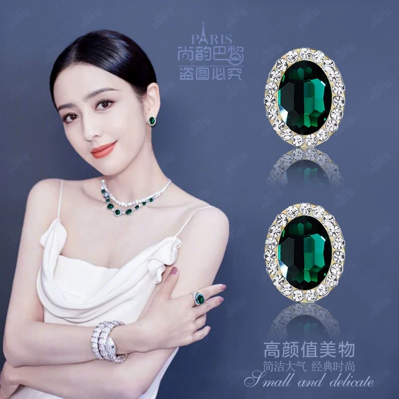 欧美大气椭圆形水晶耳夹复古简约镶钻银针耳钉精致防过敏明星耳饰