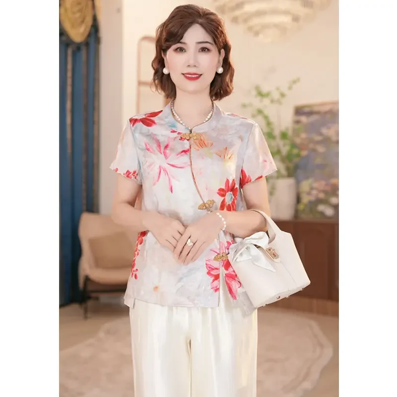 2025新款妈妈装夏季时尚气质中年女装宽松新中式小衫套装洋气休闲