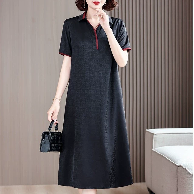 高端大码国风宽松型连衣裙女夏季新中式减龄妈妈装黑色中长款裙子