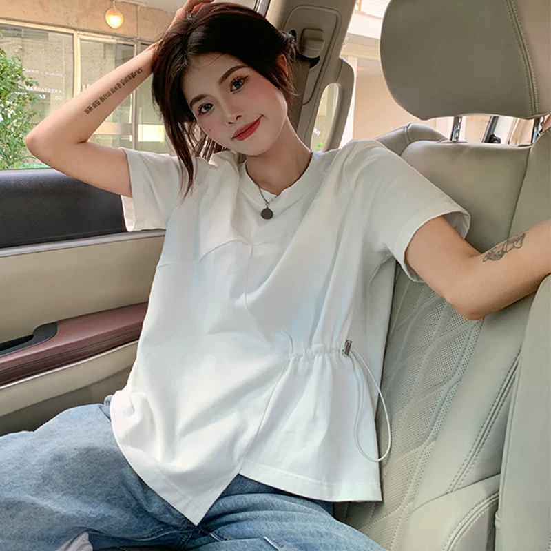 大码女装设计感正肩短袖T恤打底衫女夏季胖妹妹宽松抽绳百搭上衣