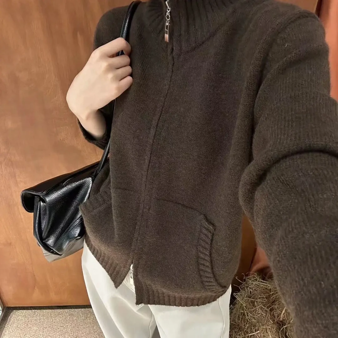 2025秋冬百搭通勤双拉领子竖纹小立领羊毛针织开衫