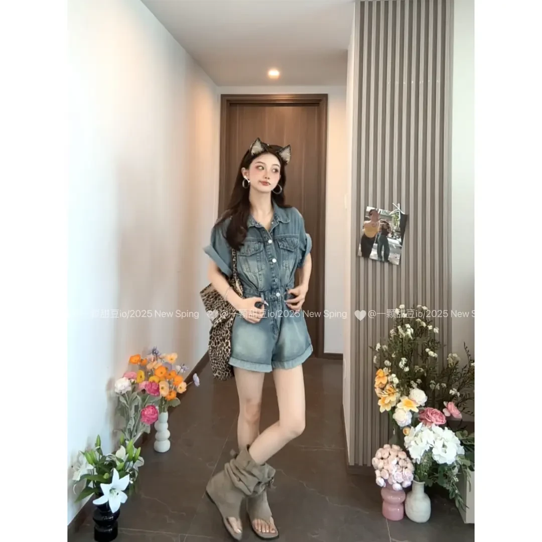 小众复古牛仔短袖女2025夏季新款气质显瘦水洗宽松连体裤时尚休闲