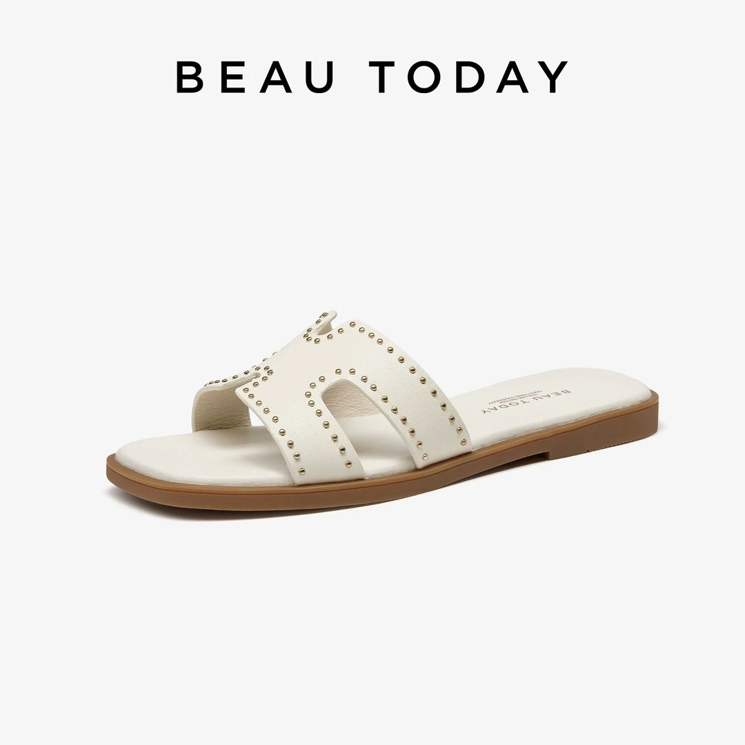 BeauToday法式凉拖女款2025夏季新款真皮一字带拖鞋度假外穿拖鞋
