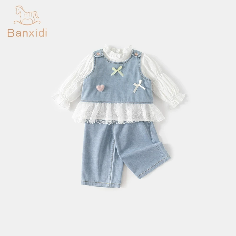 班喜迪女童套装春新款洋气童装宝宝牛仔马甲小童裤子春秋儿童衣服