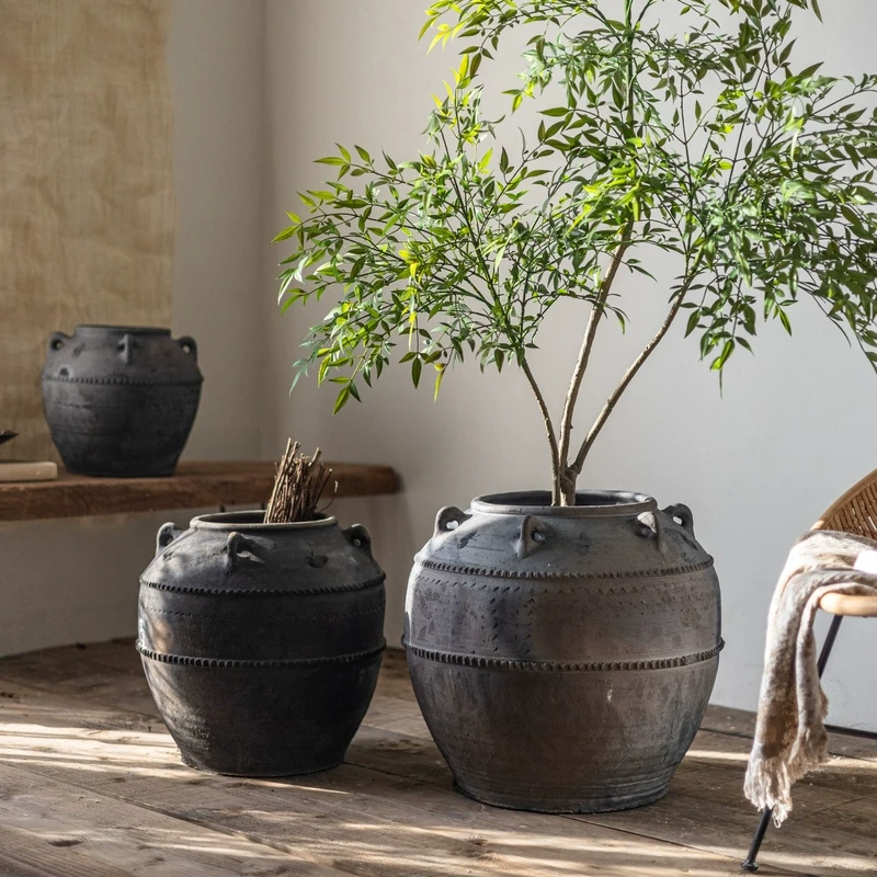 掬涵大肚土陶罐带耳仿古老罐落地花瓶粗陶花器客厅民宿装饰品摆件