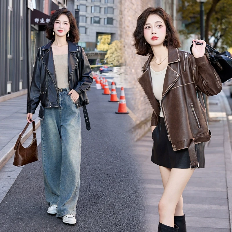 高端机车皮衣女新款西装领宽松显瘦小个子休闲百搭短款皮夹克外套