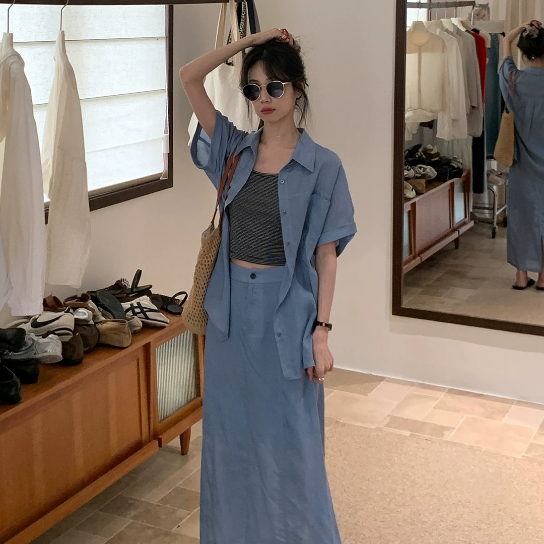 【蓝色背心衬衫半身裙三件套】女2025年夏新休闲时尚套装