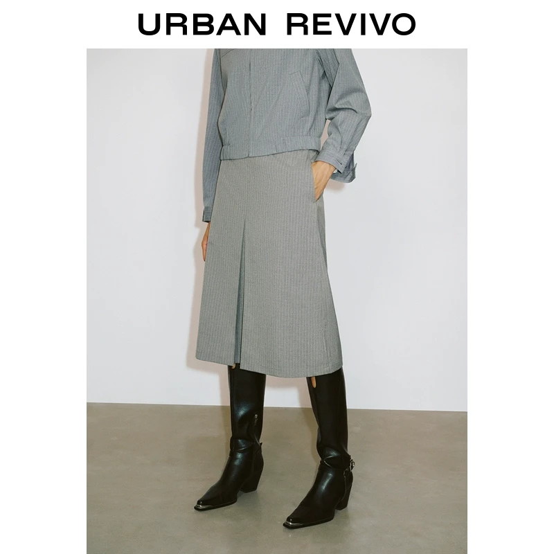 UR2025春季新品女装欧若风高智感通勤撞色条纹压褶半裙UWM550005