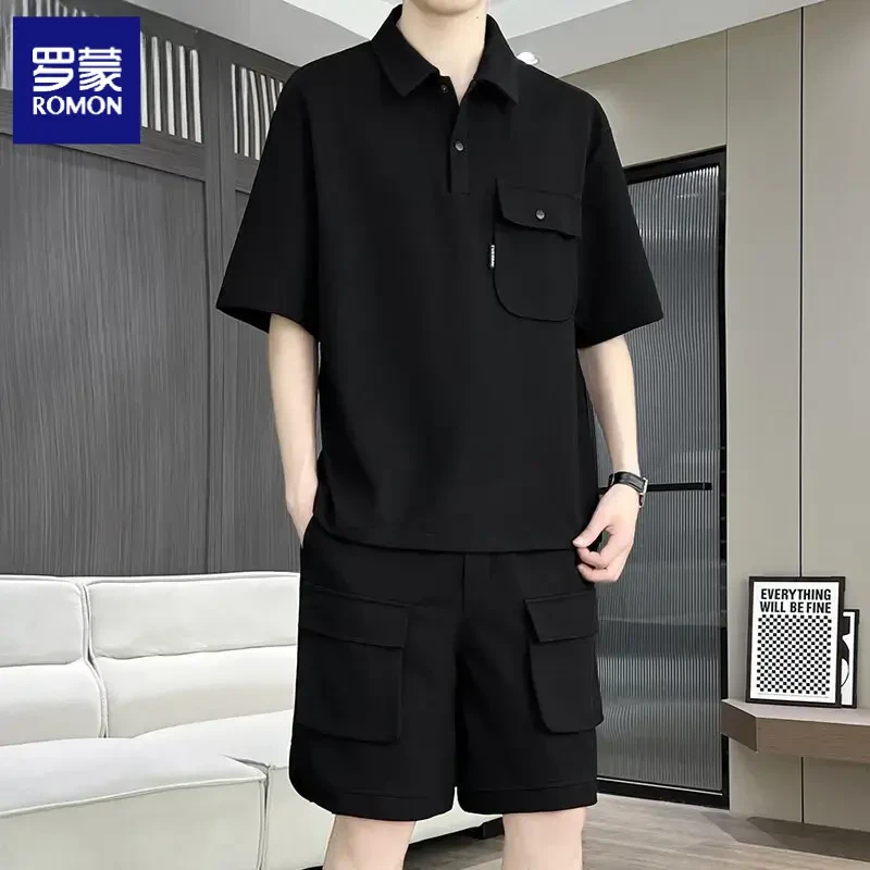 罗蒙五分袖时尚夏季男士休闲运动套装潮流百搭帅气宽松翻领两件套