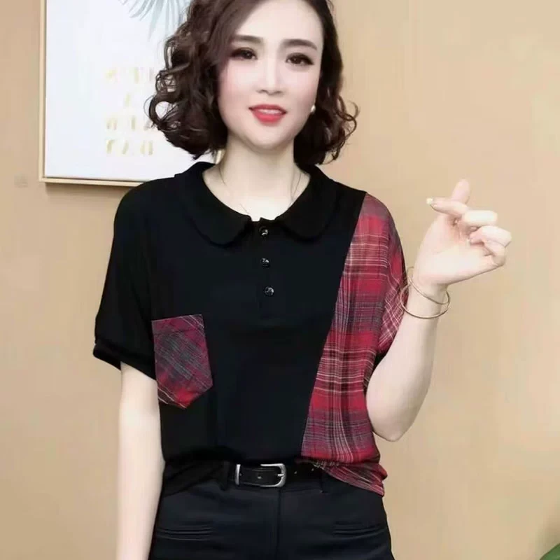 中老年宽松格子拼接polo衫洋气大码妈妈短袖t恤女夏减龄百搭上衣