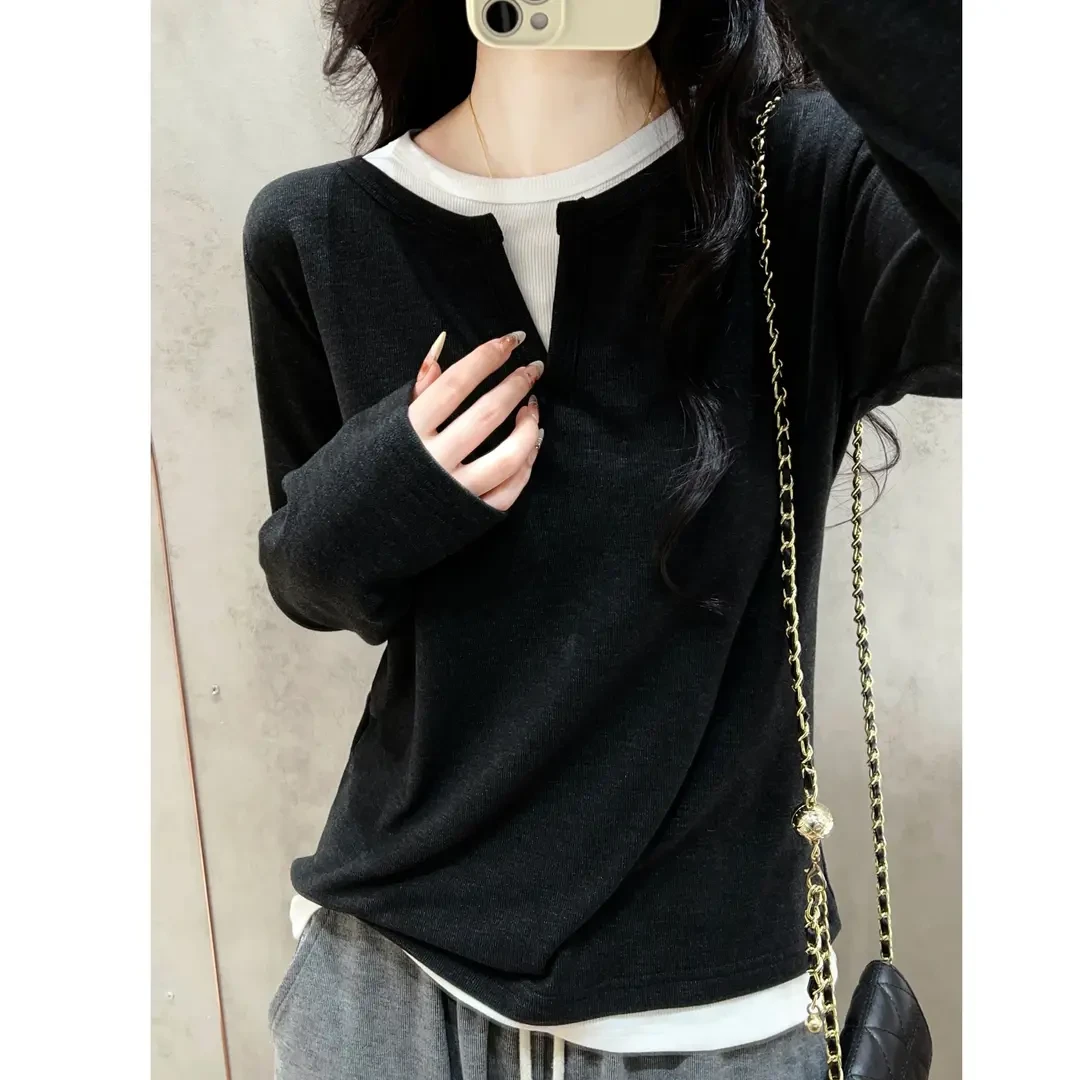 设计感不规则假两件T恤衫女款2025春秋装时尚正肩长袖百搭上衣女