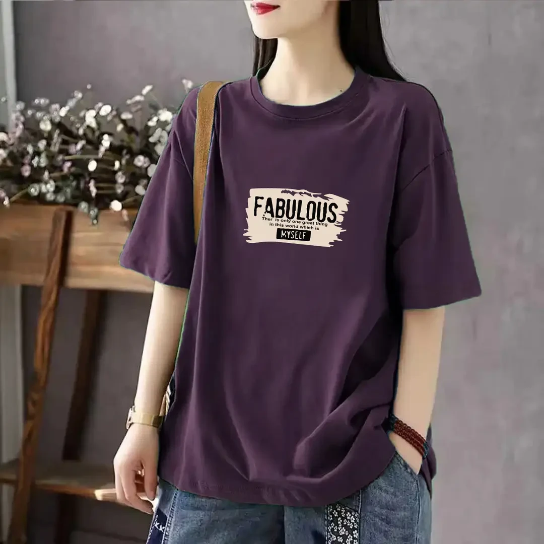 【米林鸟】2025夏季纯棉大码遮肉显瘦T恤女半袖中长款短袖圆领打底