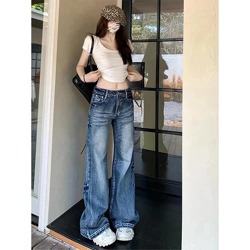 大码美式复古水洗直筒牛仔裤女2025冬季新款高腰显瘦阔腿拖地长裤