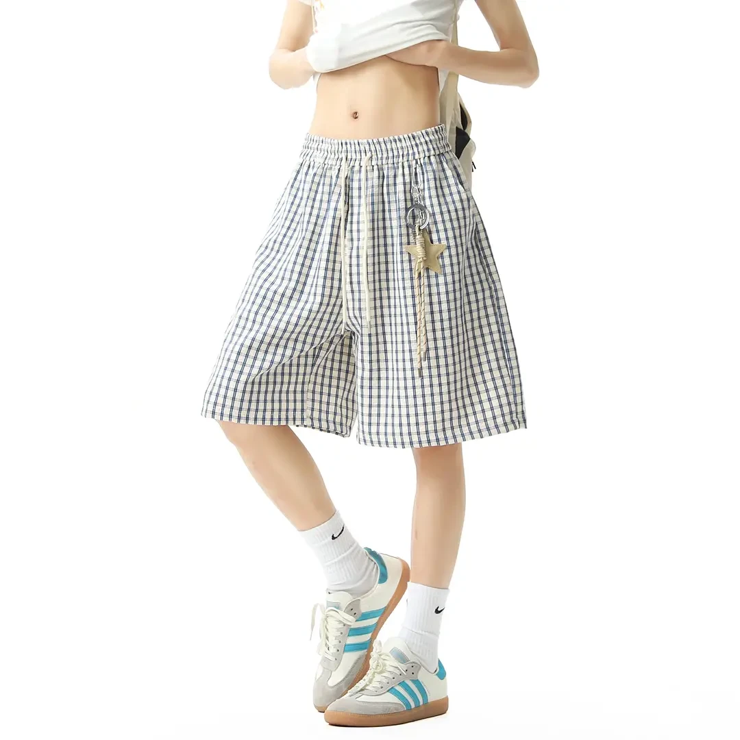 星星挂饰格子短裤男夏季设计感阔腿休闲裤宽松直筒五分沙滩裤子