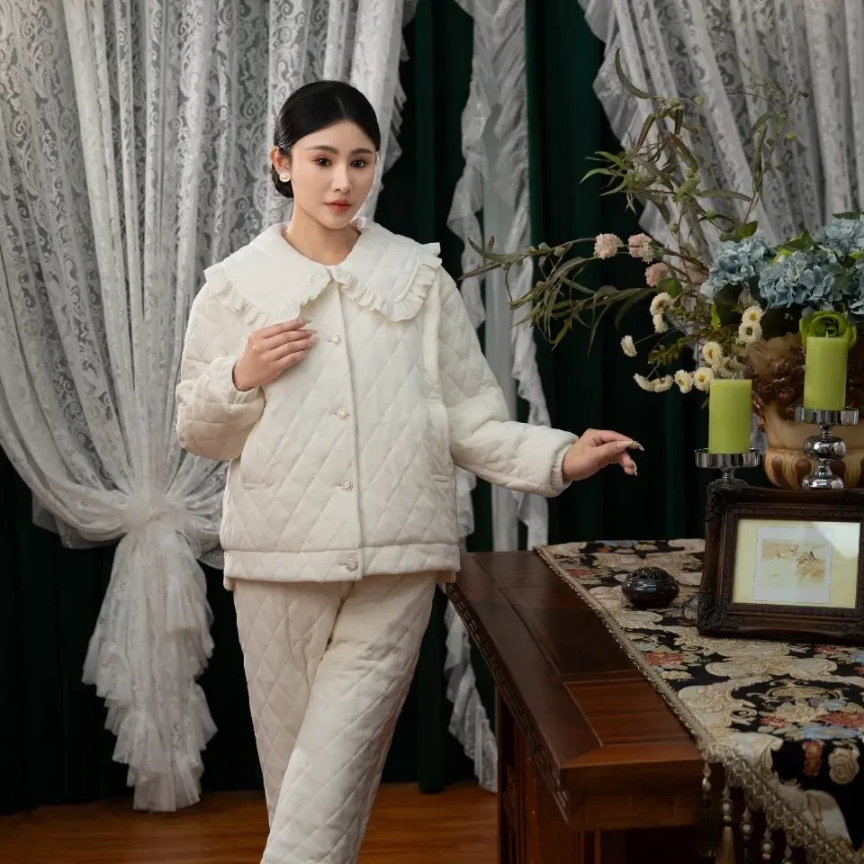 邑夏公主女士水晶绒加绒加厚简约甜美睡衣两件套可外穿A052