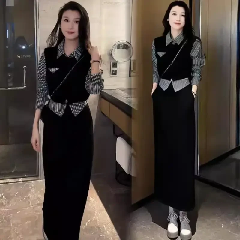 设计感时尚套装裙女春秋新款假两件拼接条纹衬衫半身裙搭配一整套