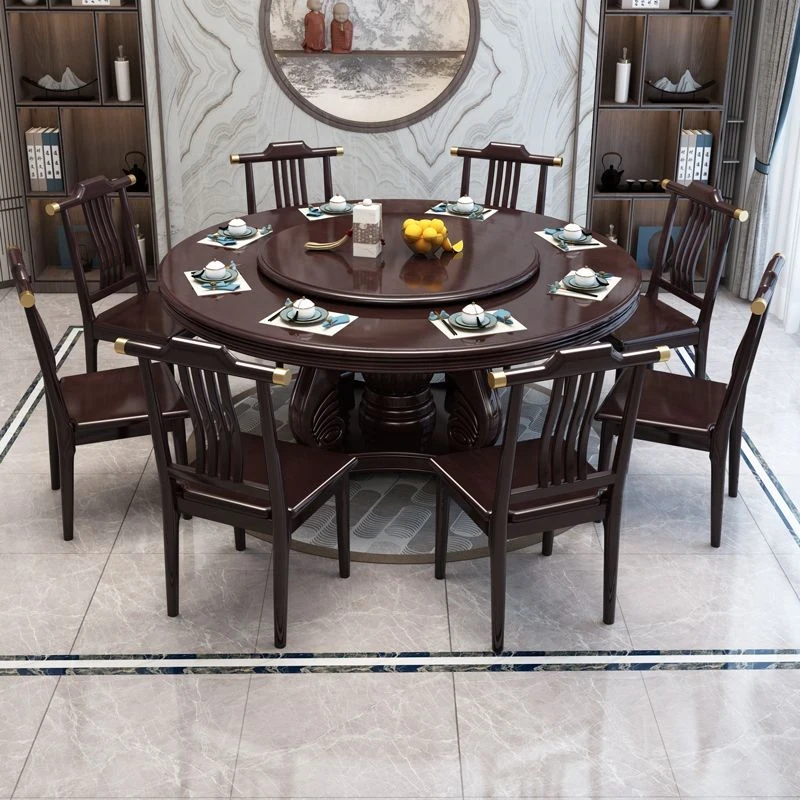 新中式家用餐桌餐厅吃饭桌酒店饭店大圆桌实木家居轻奢餐桌椅组合