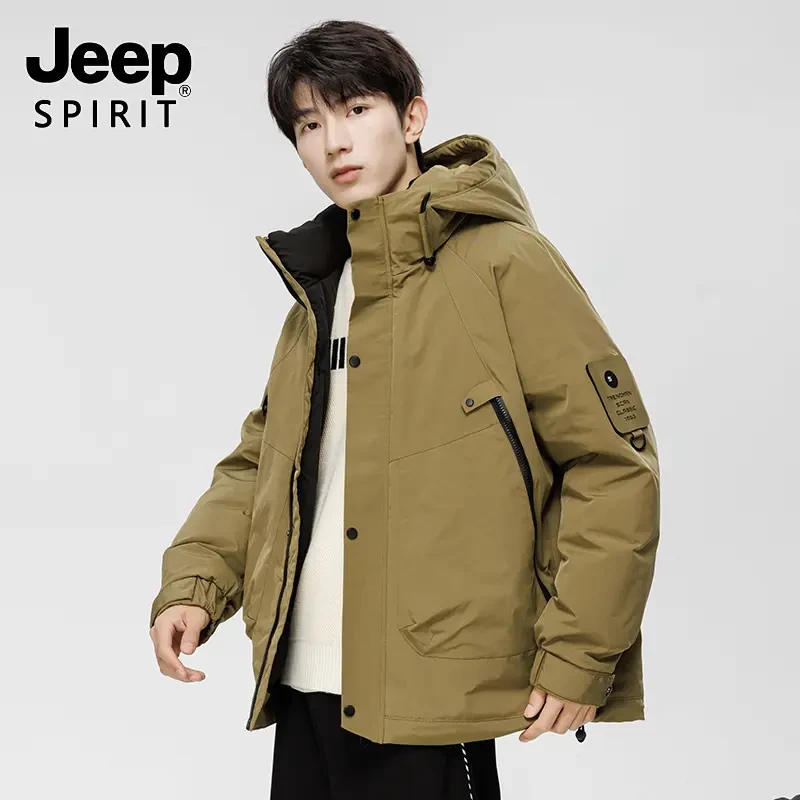 吉普时尚男款工装羽绒服秋冬冲锋衣夹克外套白鸭绒保暖大衣棉袄