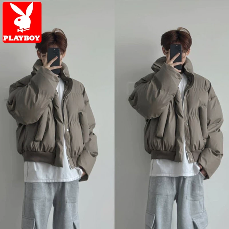 花花公子PU皮棉服男冬季宽松美式潮牌痞帅面包服加厚立领短款外套