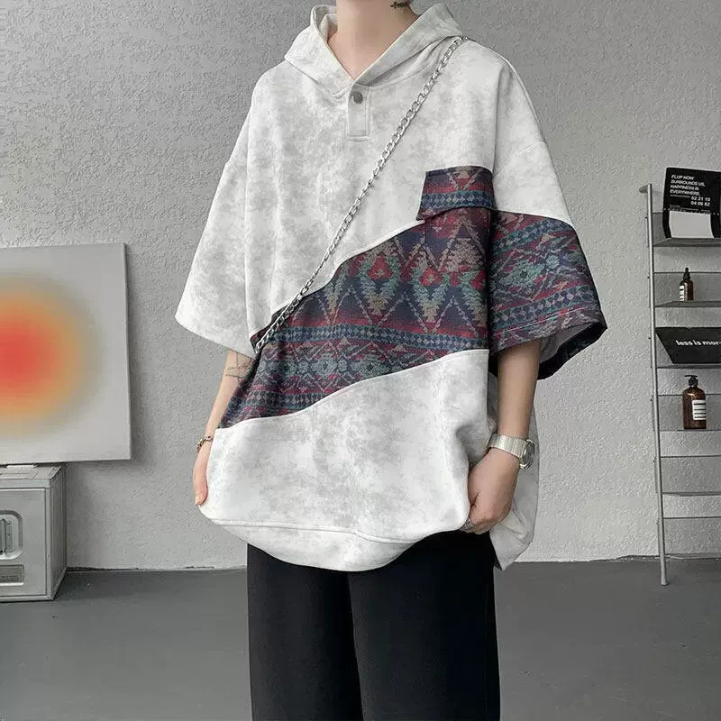 逆哲studios夏季民族风撞色拼接百搭宽松连帽短袖大码T恤男上衣服