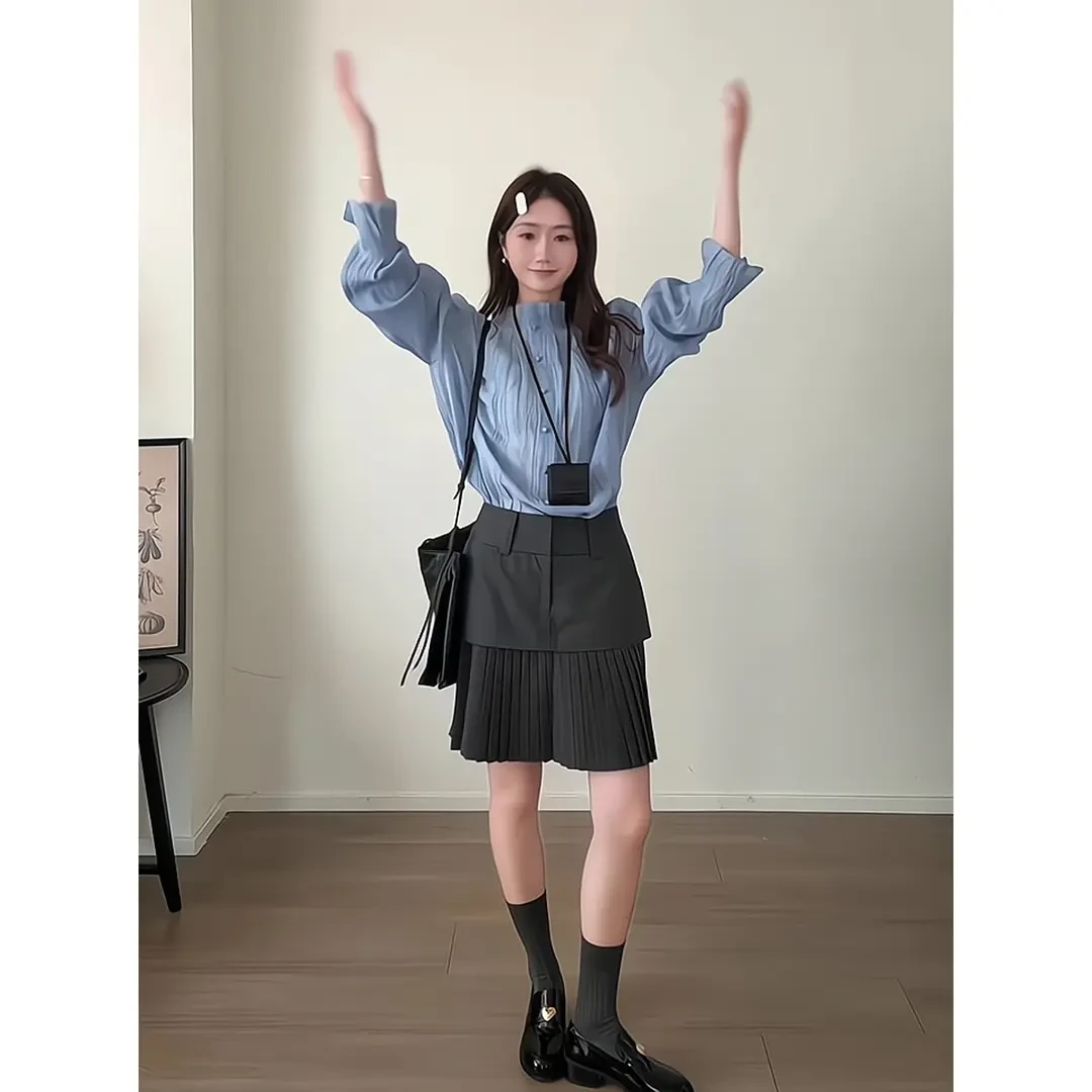 法式立领通勤气质宽松衬衫灯笼长袖衬衣格纹拼接百褶半身裙短裙女