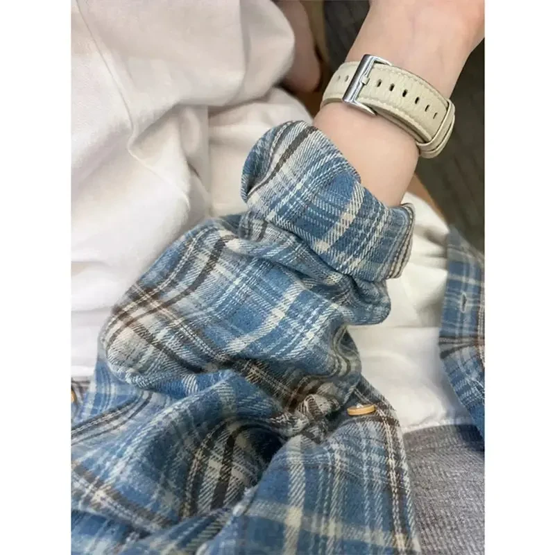 法兰绒蓝色格子衬衫男高级感痞帅长袖格纹衬衣男士痞帅高级白衬衫