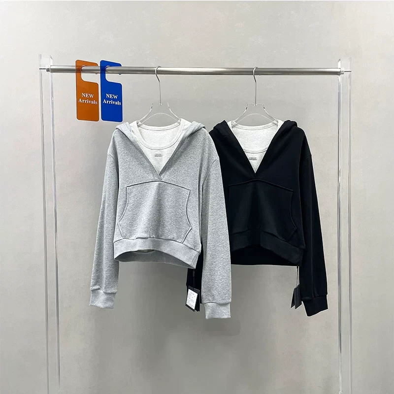 春新款韩版灰色V领连帽卫衣背心两件套宽松休闲慵懒风上衣女93292