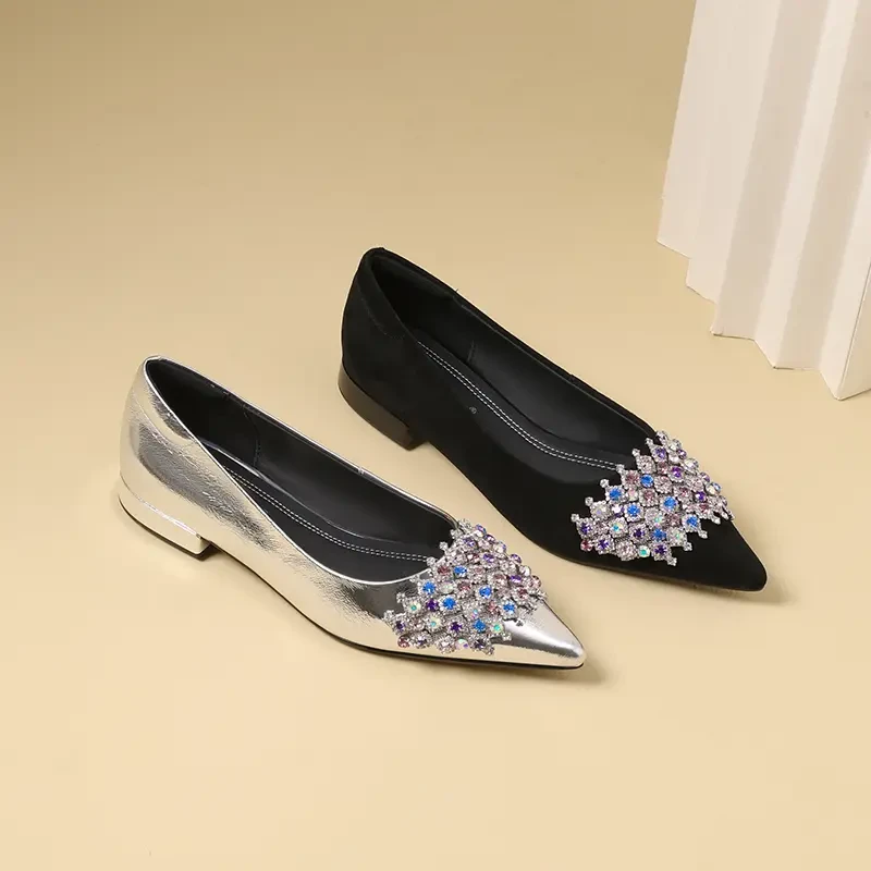AMEINOR2025夏季新款璀璨水钻尖头魅力精致时尚真皮浅口平底女鞋