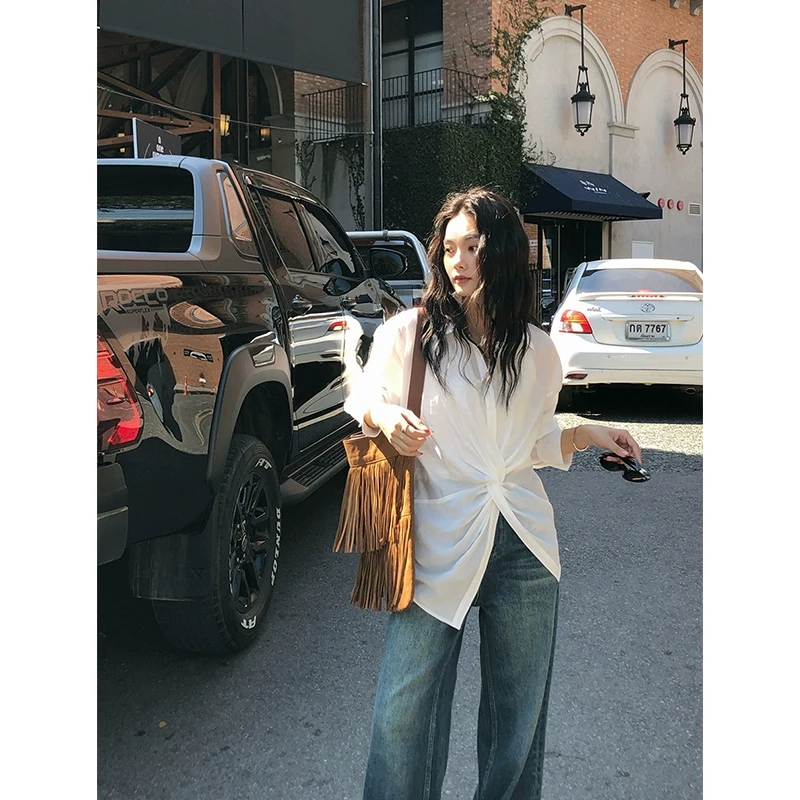 任小艺新品 薄肤设计纽结长袖防晒衬衫春女