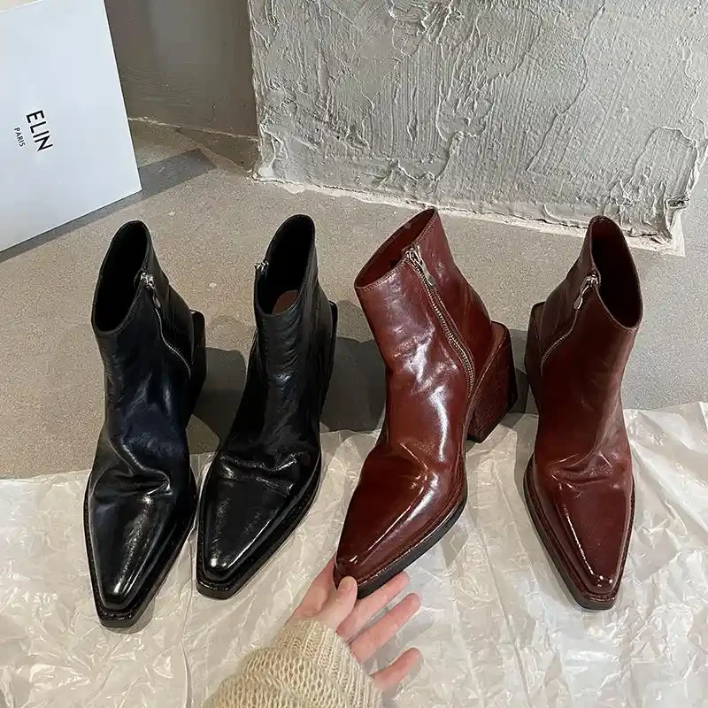真皮粗跟短靴女尖头中跟瘦瘦靴加绒女鞋冬季2025新款棉皮鞋马丁靴