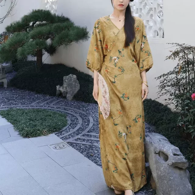 春夏新款气质国风新中式棉绸人造棉显瘦外穿收腰连衣裙女2025HY