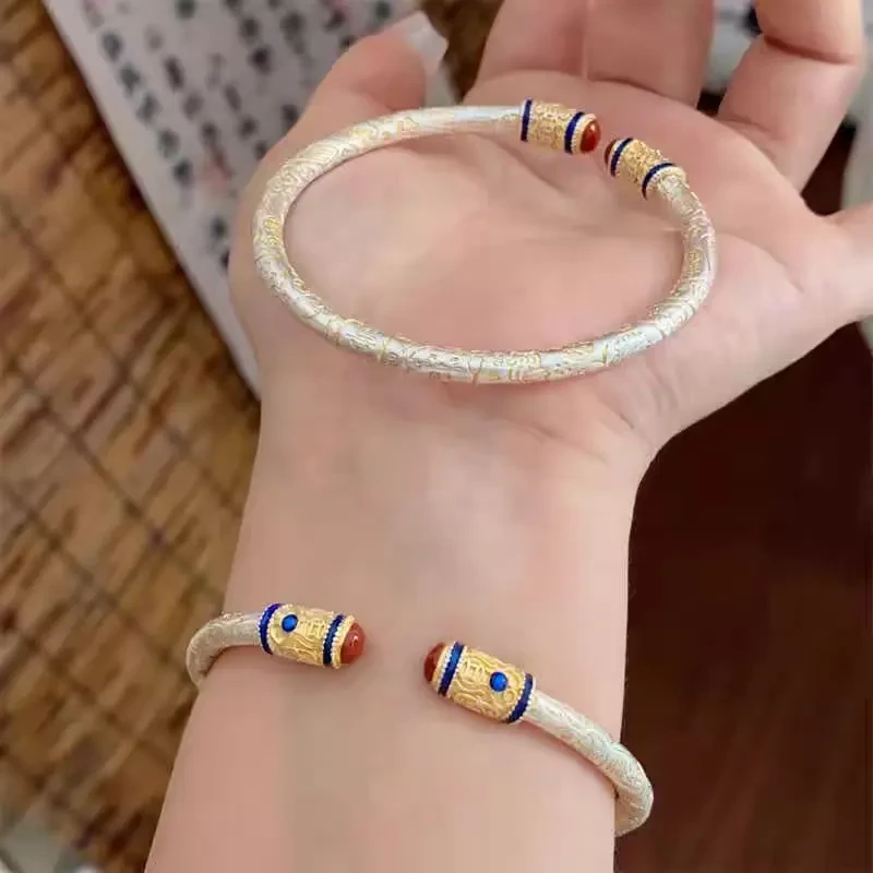 足银999描金吉言手镯男女新中式国风珐琅高级感礼物情侣