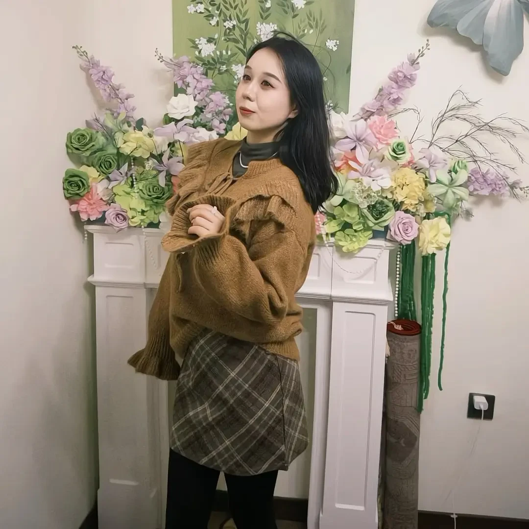 冬季新款温柔软糯荷叶边系带针织毛衣套装