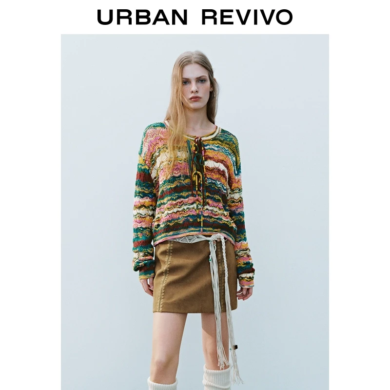 UR2025春季新品女装欧若风复古多彩肌理感系带针织衫UYL950009