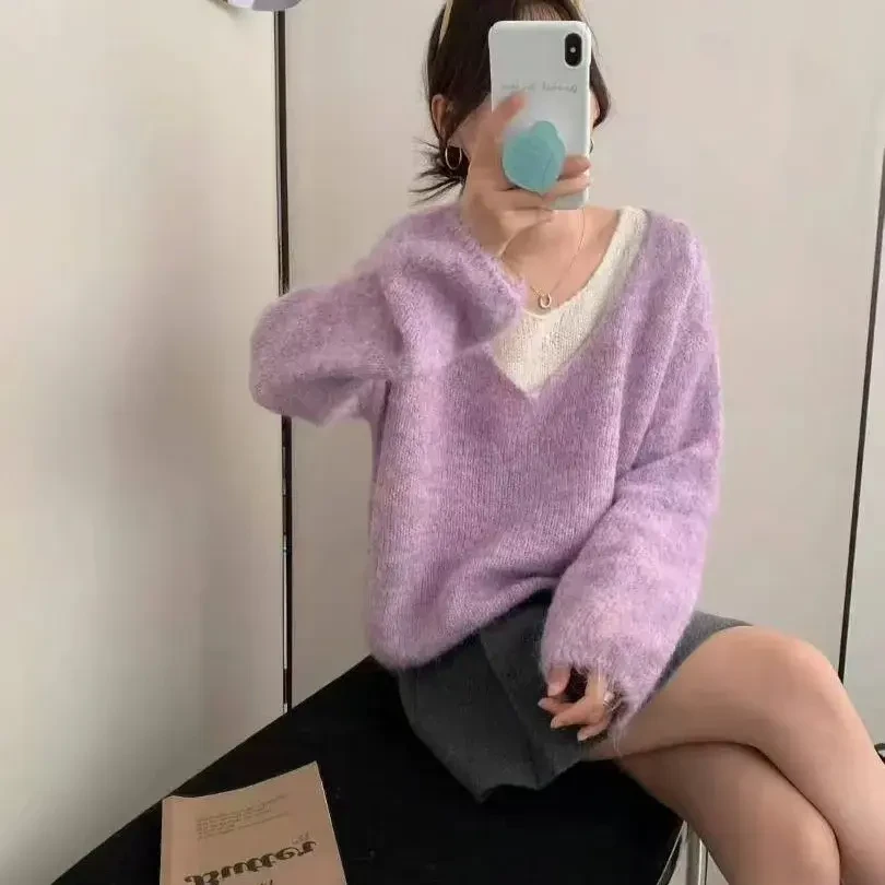 【新品首发】软糯套毛衣秋冬外搭女韩版短款领宽松假两件针织衫上衣