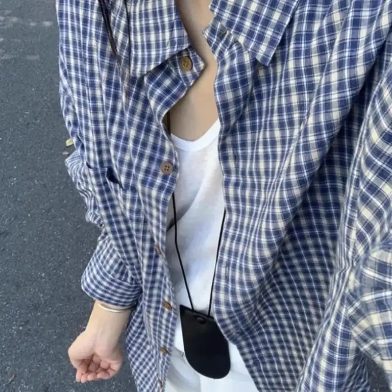 韩系蓝侣春秋季格纹百搭慵懒风长袖宽松女装开衫上衣POLO外套