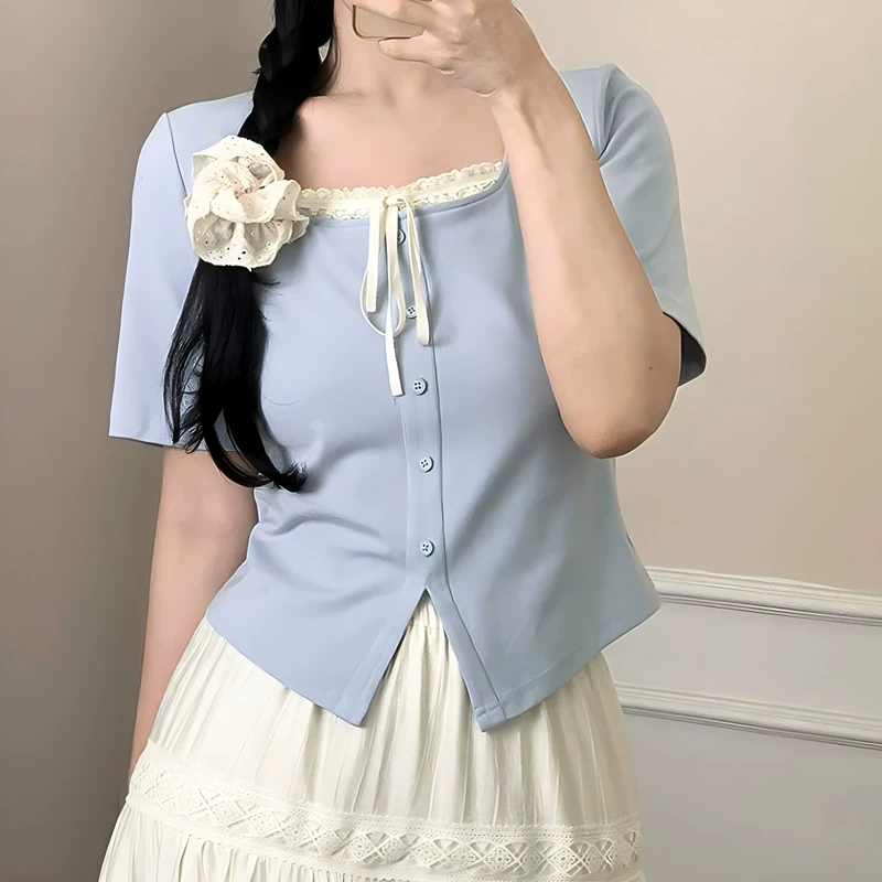 【贝蒂】胖mm夏季遮肉显瘦假两件短袖T恤法式方领蕾丝拼接上衣女