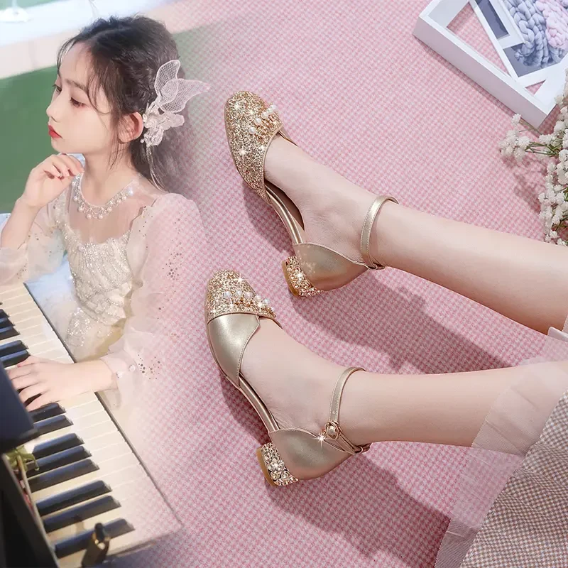 女童皮鞋时尚儿童水晶公主鞋女孩走秀礼服高跟鞋包头中大童演出鞋