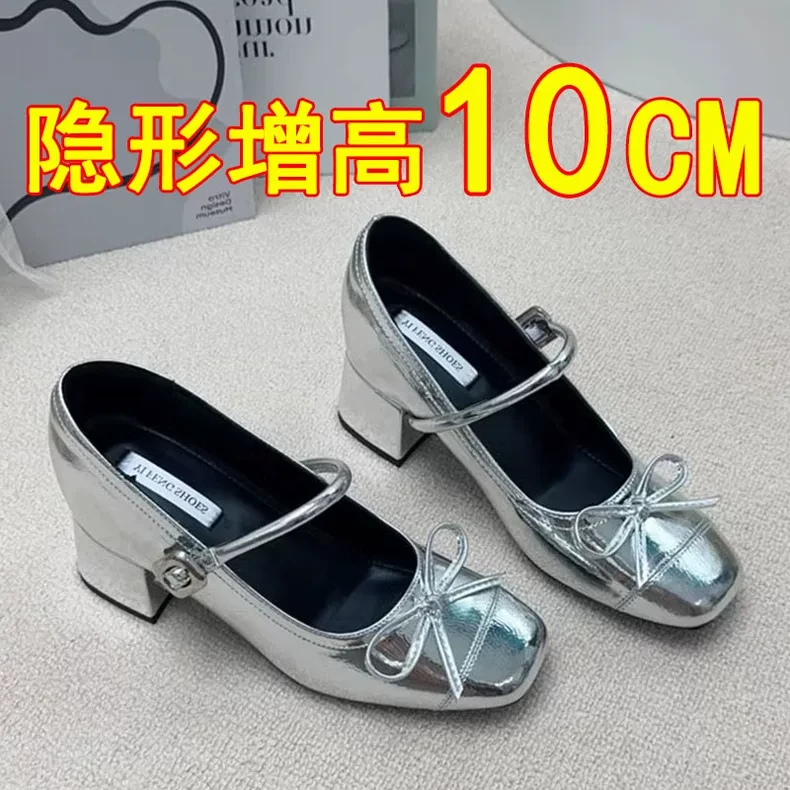 真皮玛丽珍鞋10cm内增高春季法式气质内增高鞋明星真皮女凉鞋