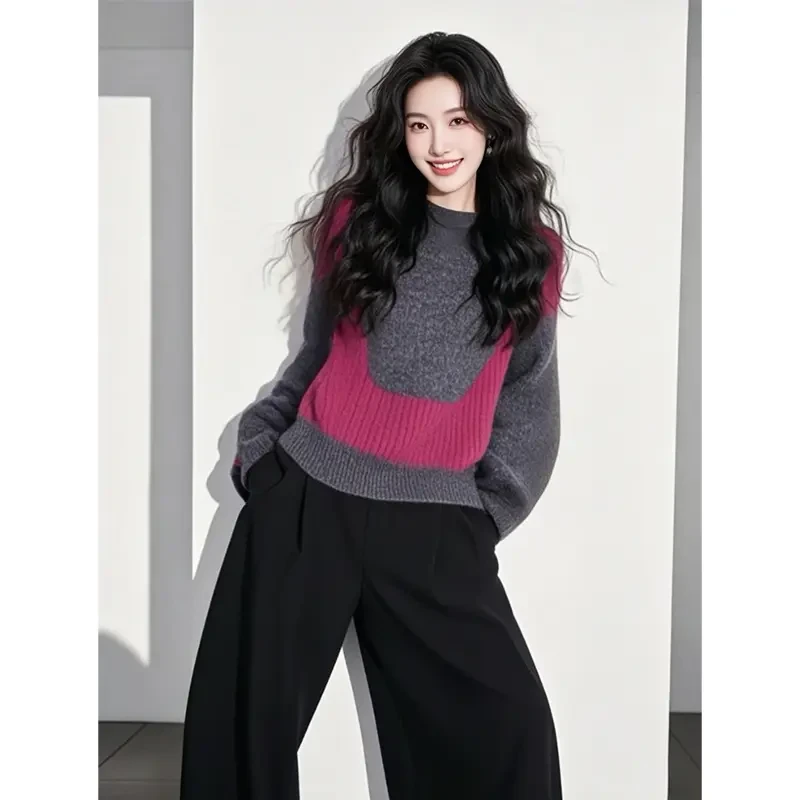 2025新款韩系慵懒高级感超好看上衣玫红拼灰宽松内搭针织毛衣女春