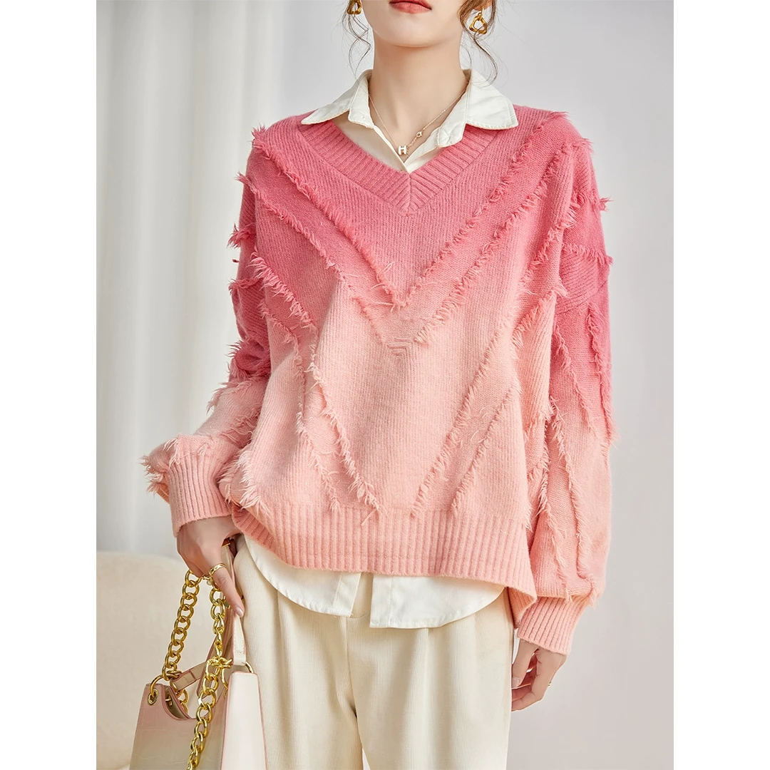 V领木耳边渐变毛衣女秋冬新款宽松外穿洋气针织显瘦上衣B8774