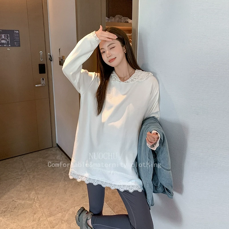 ◆诺初孕妇装◆2025秋款宽松显瘦t恤连帽上衣甜美蕾丝花边打底衫