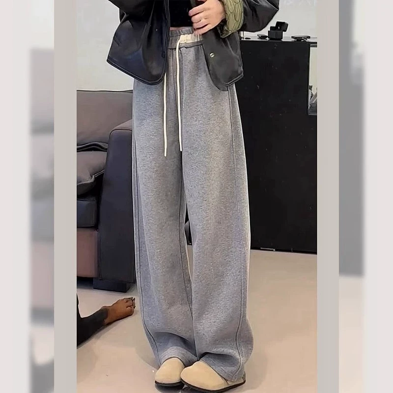 灰色运动风休闲卫裤女冬季新款加绒加厚韩版宽松抽绳镰刀阔腿裤子