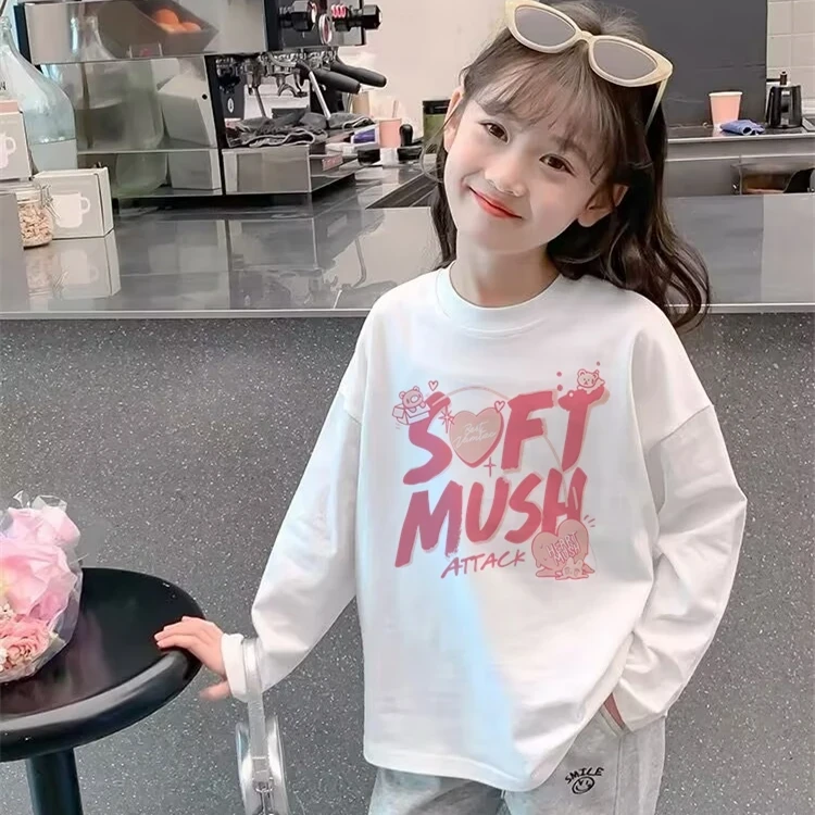 纯棉春秋女童长袖白色t恤韩版中大童洋气儿童打底衫宽松女孩上衣