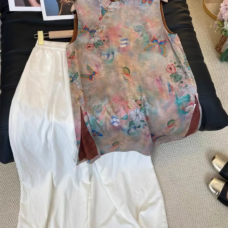 新中式立领斜襟无袖夏季中国风气质时尚阔腿裤搭配套装