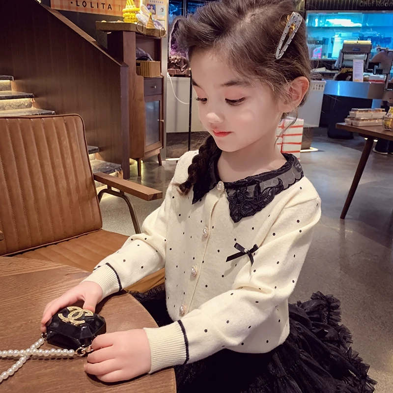 【现货】米米哈罗女童针织上衣春装波点毛衣开衫长袖套装C25047 072