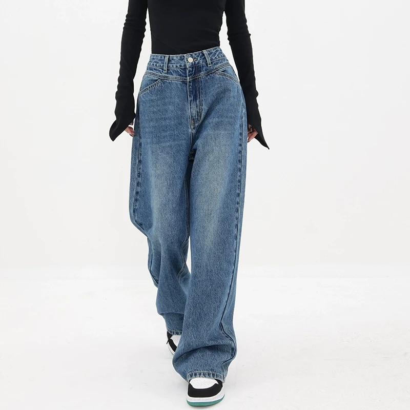 KEN STUDIO高腰直筒牛仔裤女秋季新款设计感小众宽松阔腿休闲长裤