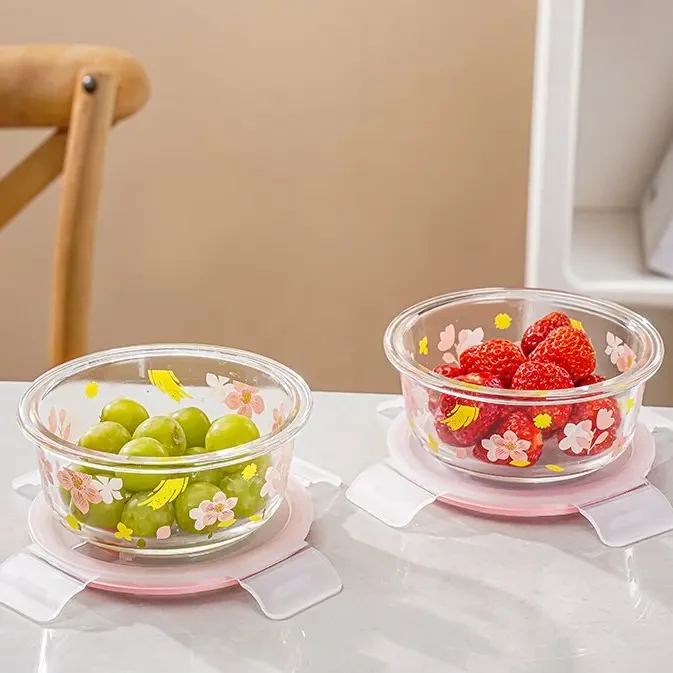 【两只装】青苹果樱花饭盒微波炉可加热上班族透明带盖玻璃饭盒