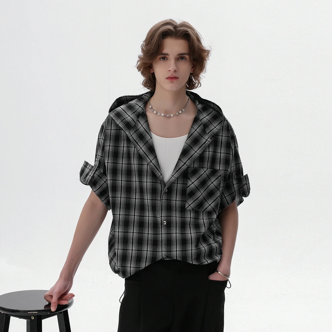 CHOR夏季新款男装连帽男士短袖格子短袖衬衫时尚宽松简约百搭潮流