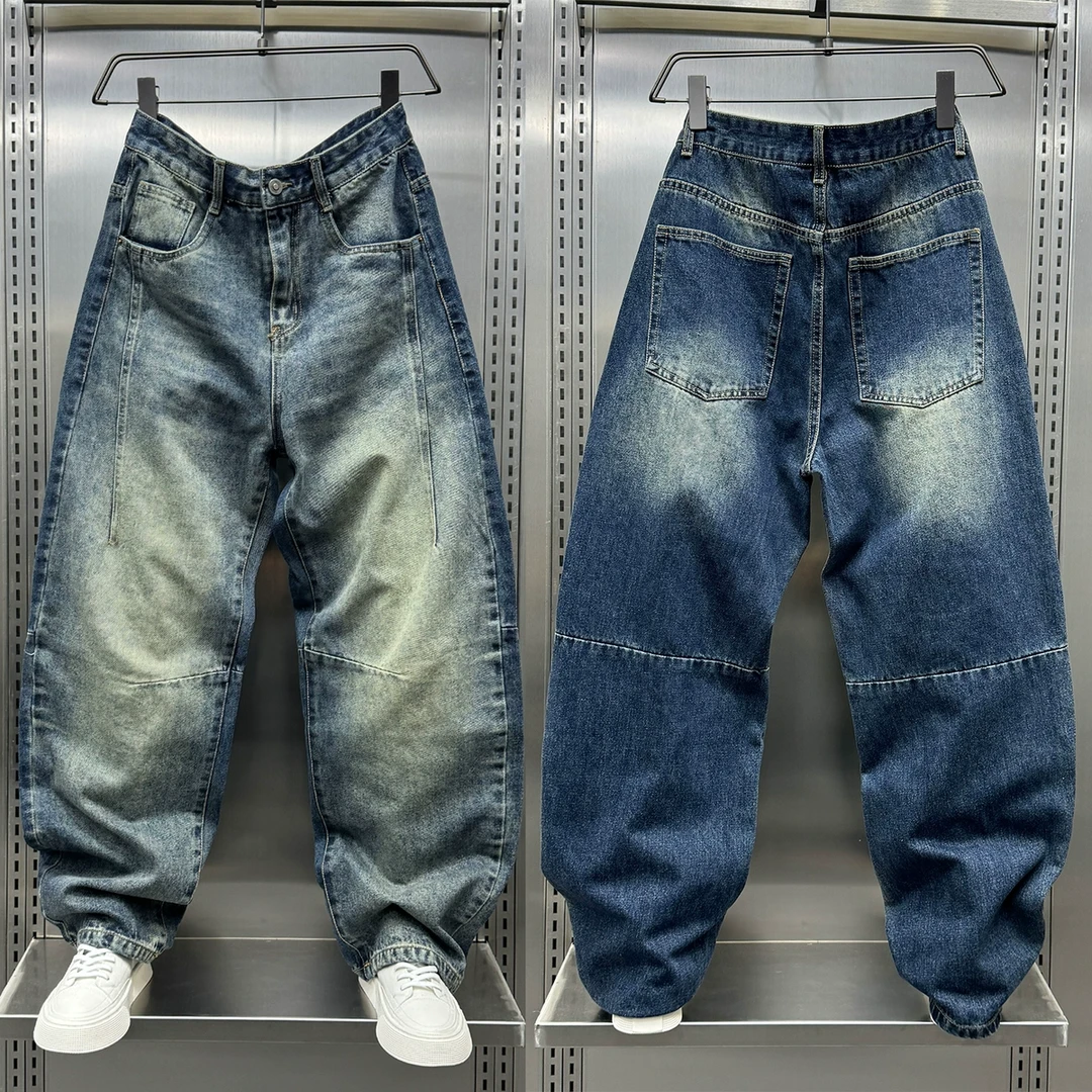 美式复古拼色牛仔裤男2025夏季款立体剪裁弯刀直筒裤水洗休闲长裤